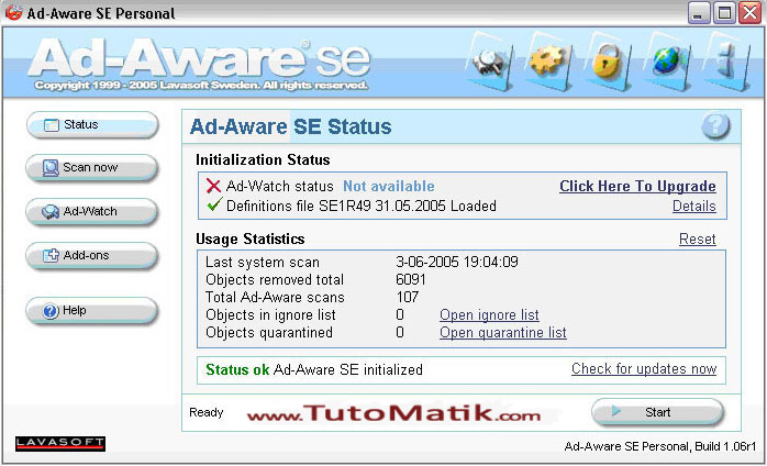 Fenêtre principale d u programme adware