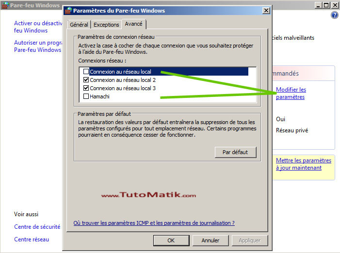 Décocher la protection firewall des connexions réseaux